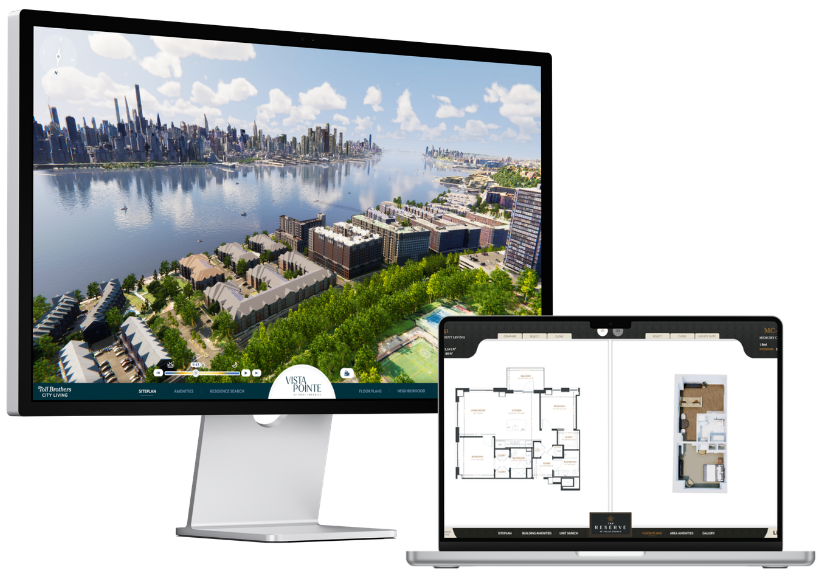 LiveSite® 3D real estate software interface with interactive building view and floorplan selection