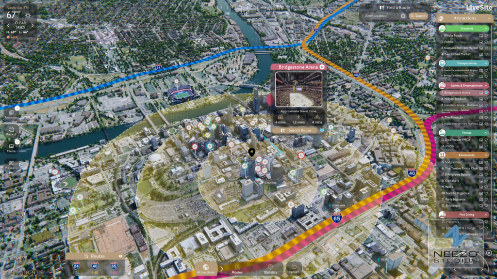 LiveSite® Interactive real estate platform displaying surrounding amenities and neighborhood context in a digital twin environment