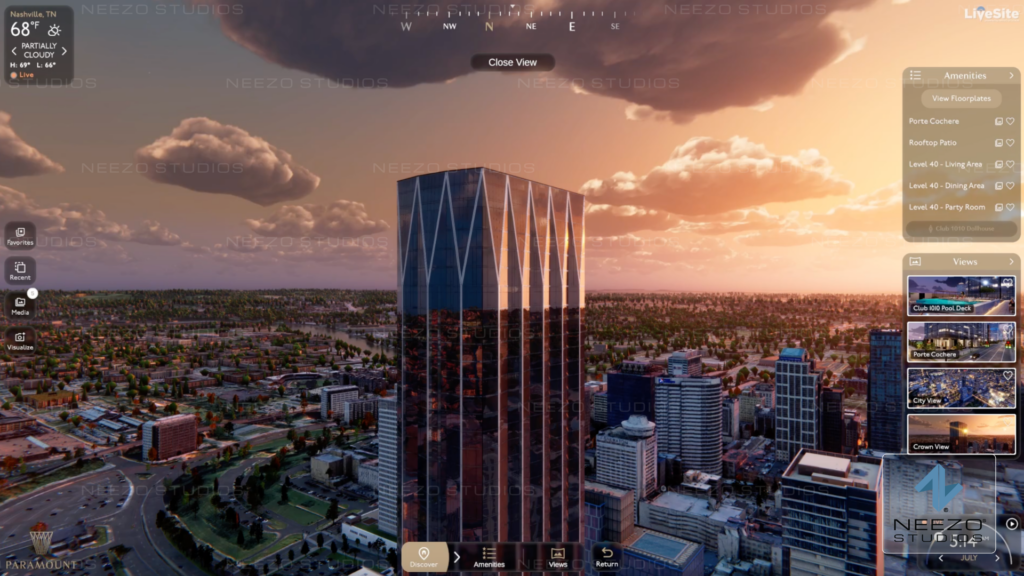 LiveSite® Real estate digital twin software visualizing a high-rise residential development in 3D