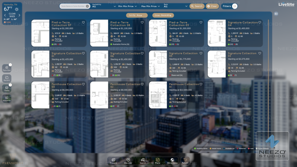 LiveSite real estate sales platform showing unit search, pricing, and availability for a residential development