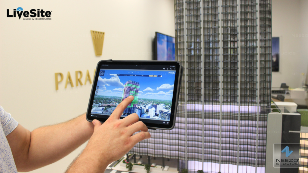 LiveSite® Interactive real-time 3d real estate sales software LiveSite® being used on a tablet in a luxury condo sales gallery
