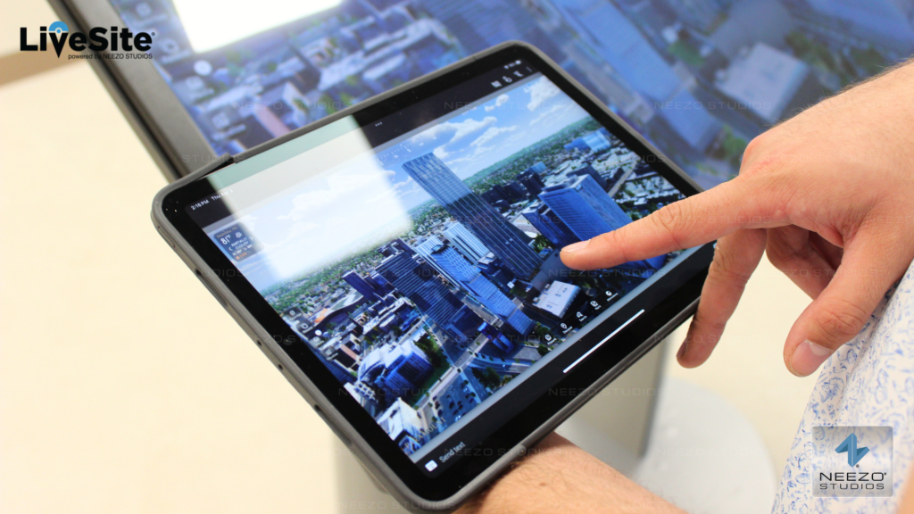 Interactive real-time 3d real estate sales software LiveSite® being used on a tablet in a luxury condo sales gallery