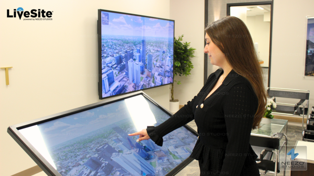 LiveSite® Interactive real-time 3d real estate sales software LiveSite® being used on a touchscreen in a luxury condo sales gallery