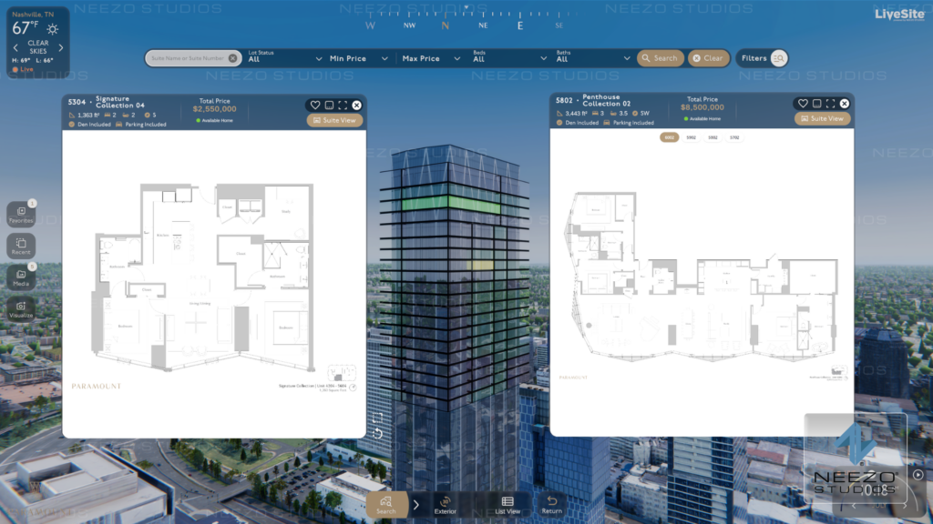 LiveSite® 3D real estate software interface with interactive building view and floorplan selection
