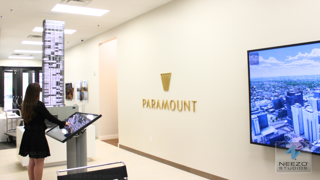 NEEZO Studios interactive sales gallery experience for luxury Nashville tower, Paramount, with interactive digital twin software LiveSite® and 7.5ft scale model