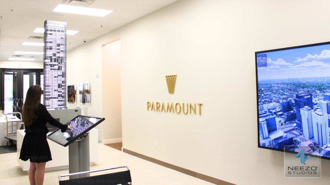 NEEZO Studios interactive sales gallery experience for luxury Nashville tower, Paramount, with interactive digital twin software LiveSite® and 7.5ft scale model