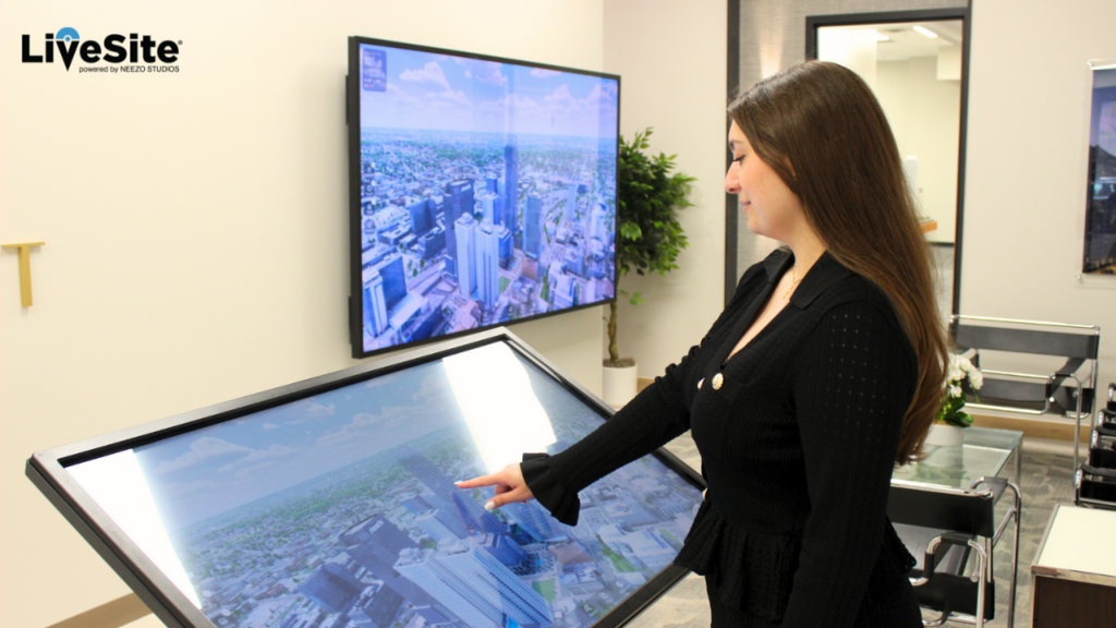 LiveSite® Interactive real-time 3d real estate sales software LiveSite® being used on a touchscreen in a luxury condo sales gallery digital twin experience