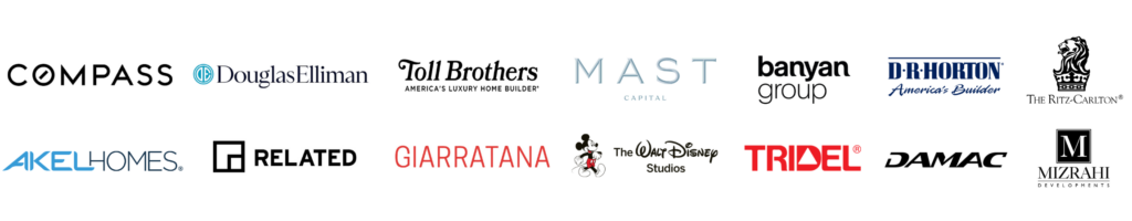 NEEZO Studios scale model client logos in usa and canada including compass, douglas elliman, toll brothers, mast capital, banyan group, d.r. horton, tridel, giarratana, related, akel homes, damac, ritz carlton, mizrahi developments, walt disney studios