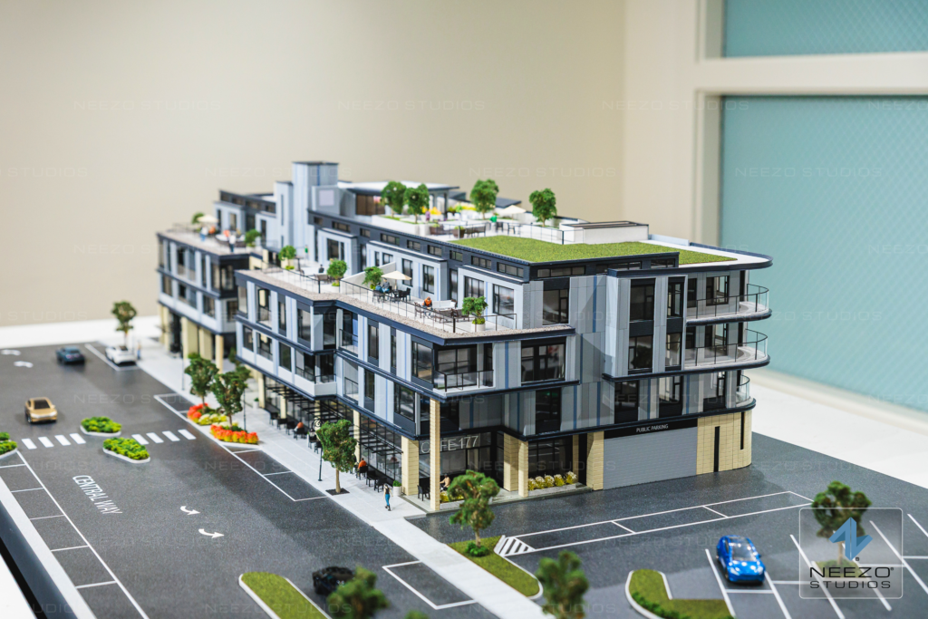Detailed scale model showcasing Central Peak Residences by Cordillera Homes in Kirkland, WA