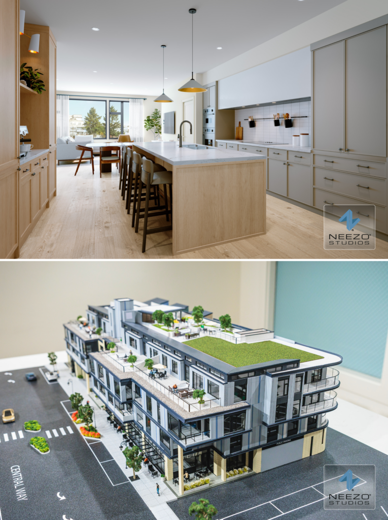 Interior rendering and architectural scale model by one-stop creative tech studio for real estate launches, NEEZO Studios