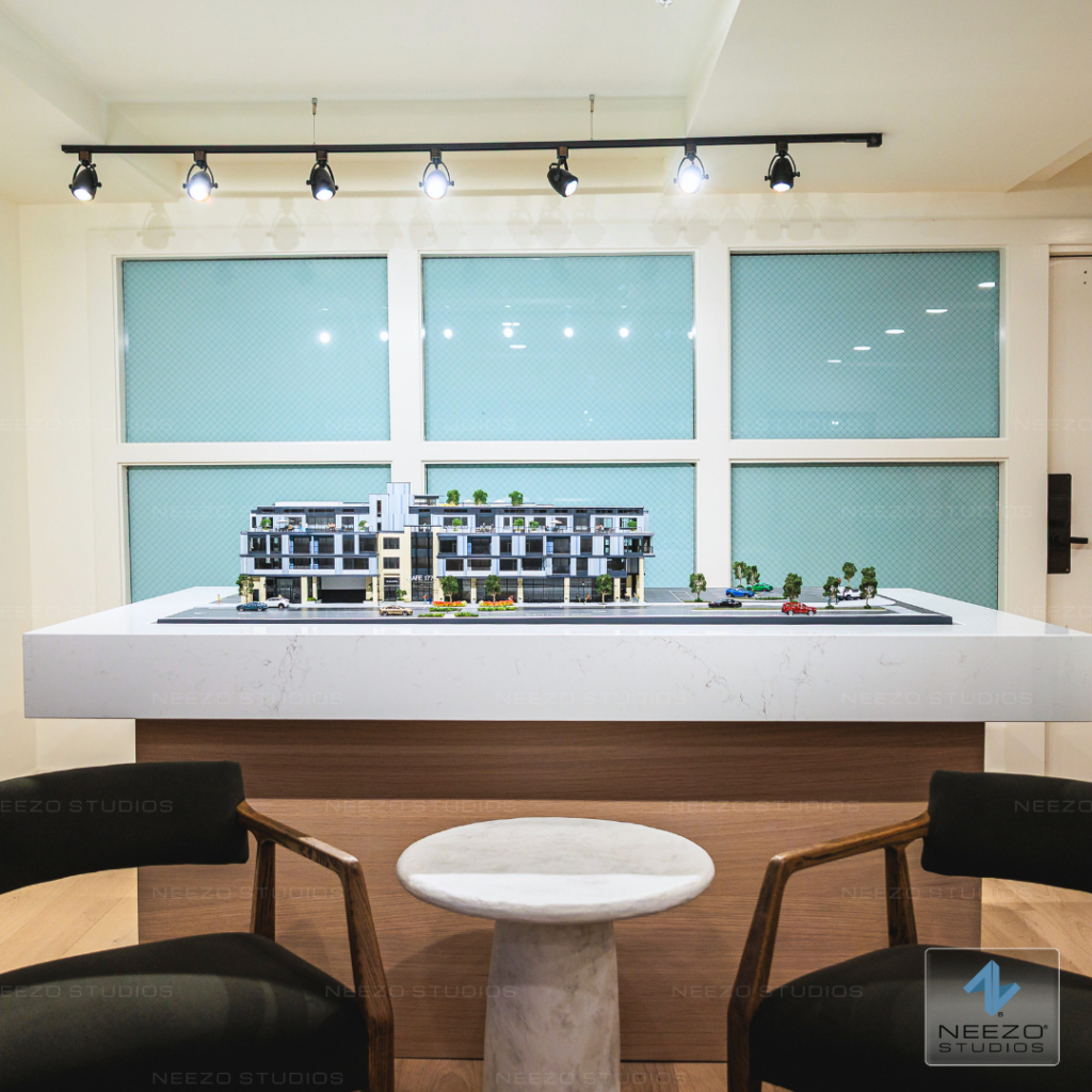 Detailed scale model showcasing Central Peak Residences by Cordillera Homes in Kirkland, WA