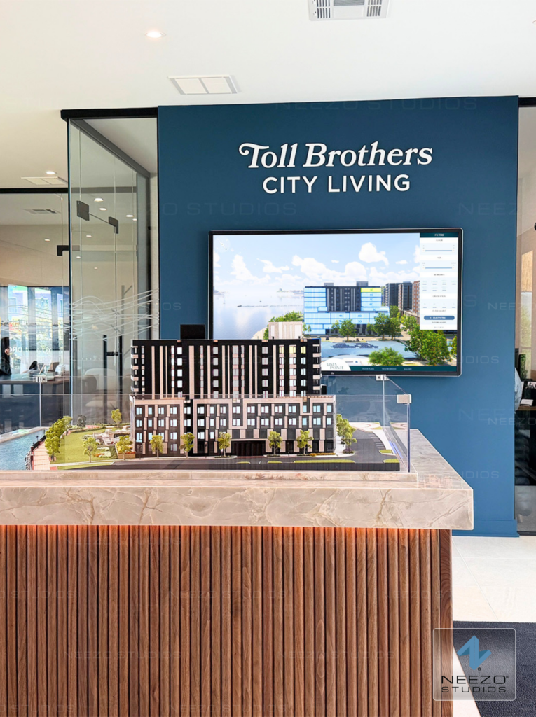 Luxury architectural scale model and 3D digital twin sales software LiveSite® created by NEEZO Studios for Toll Brothers City Living’s Vista Pointe at Port Imperial in New Jersey