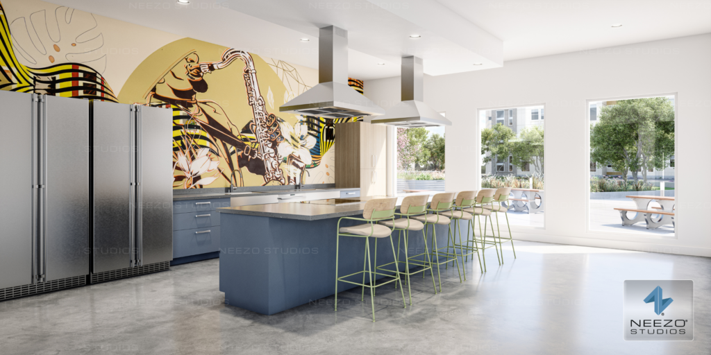 Kitchen interior rendering for King's Crossing Village affordable housing residences created by NEEZO Studios