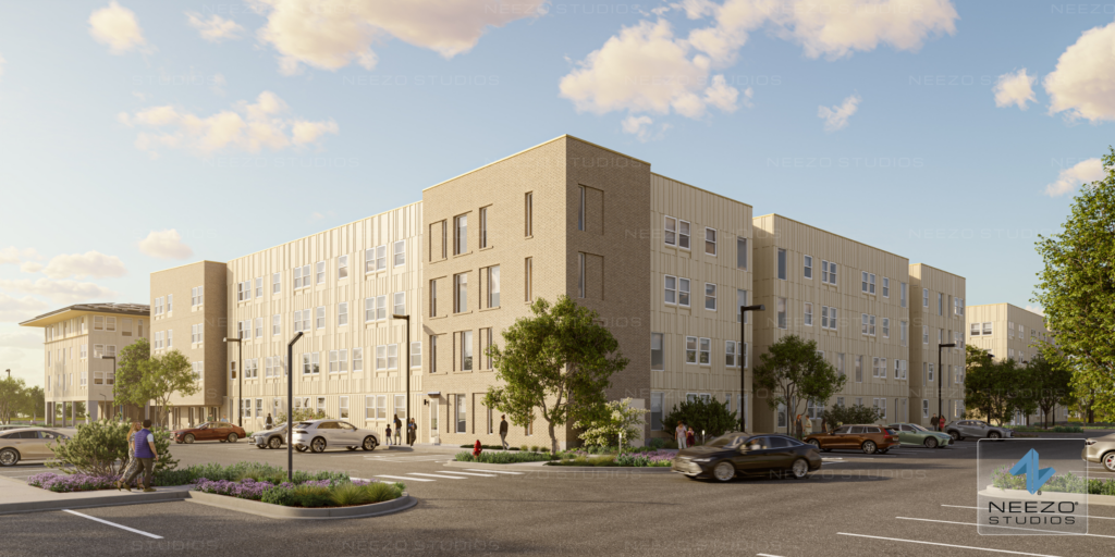 Exterior rendering created by NEEZO Studios for King's Crossing Village in Aurora, Colorado.