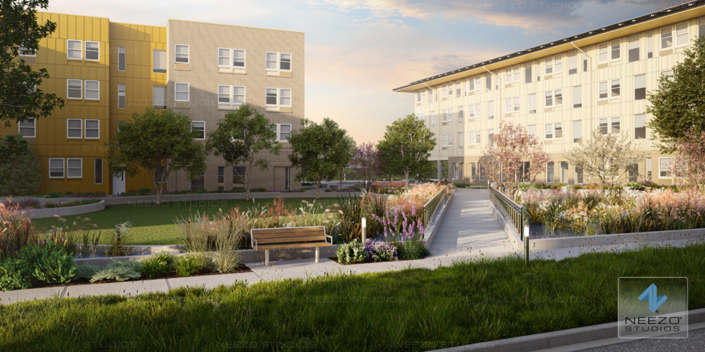 Exterior architectural rendering of King's Crossing Village affordable housing community in Aurora, Colorado by NEEZO Studios
