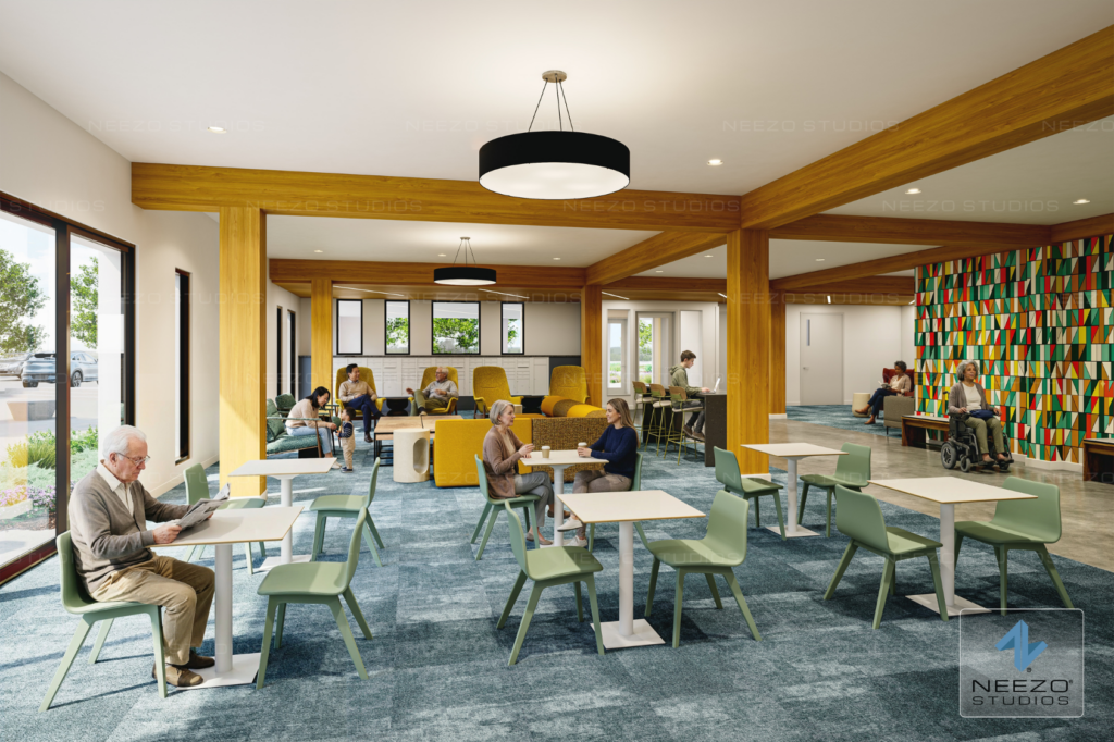 Community lounge architectural visualization for King's Crossing Village residents by NEEZO Studios