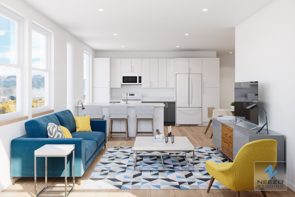 Interior rendering of a modern living room at King's Crossing Village
