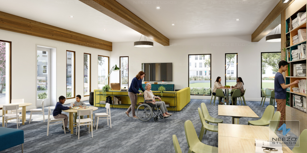 Interior rendering of resident amenity space at King's Crossing Village