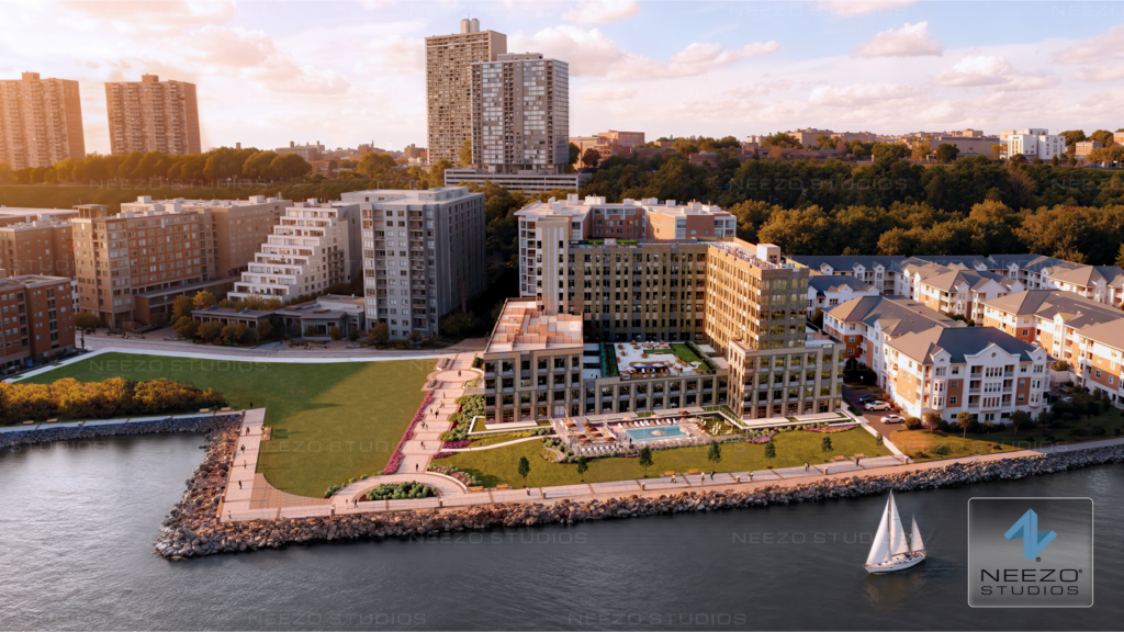 Luxury waterfront condo architectural rendering of New York development by render studio NEEZO Studios
