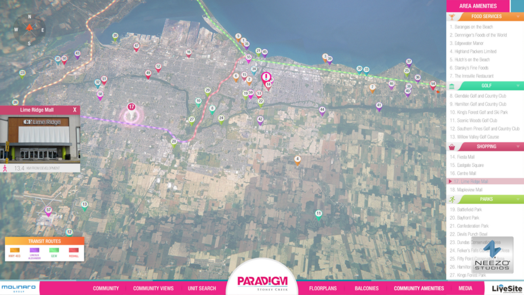 Interactive community map in LiveSite® Community 3D digital twin sales gallery software for Paradigm Stoney Creek