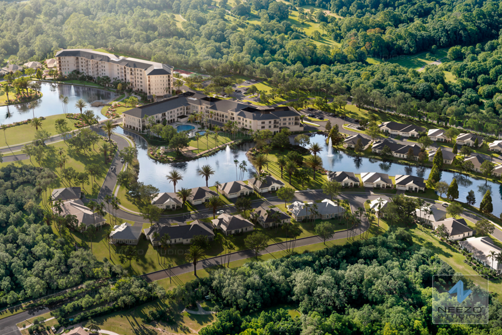 Architectural birds eye view rendering by NEEZO Studios of master planned community in florida