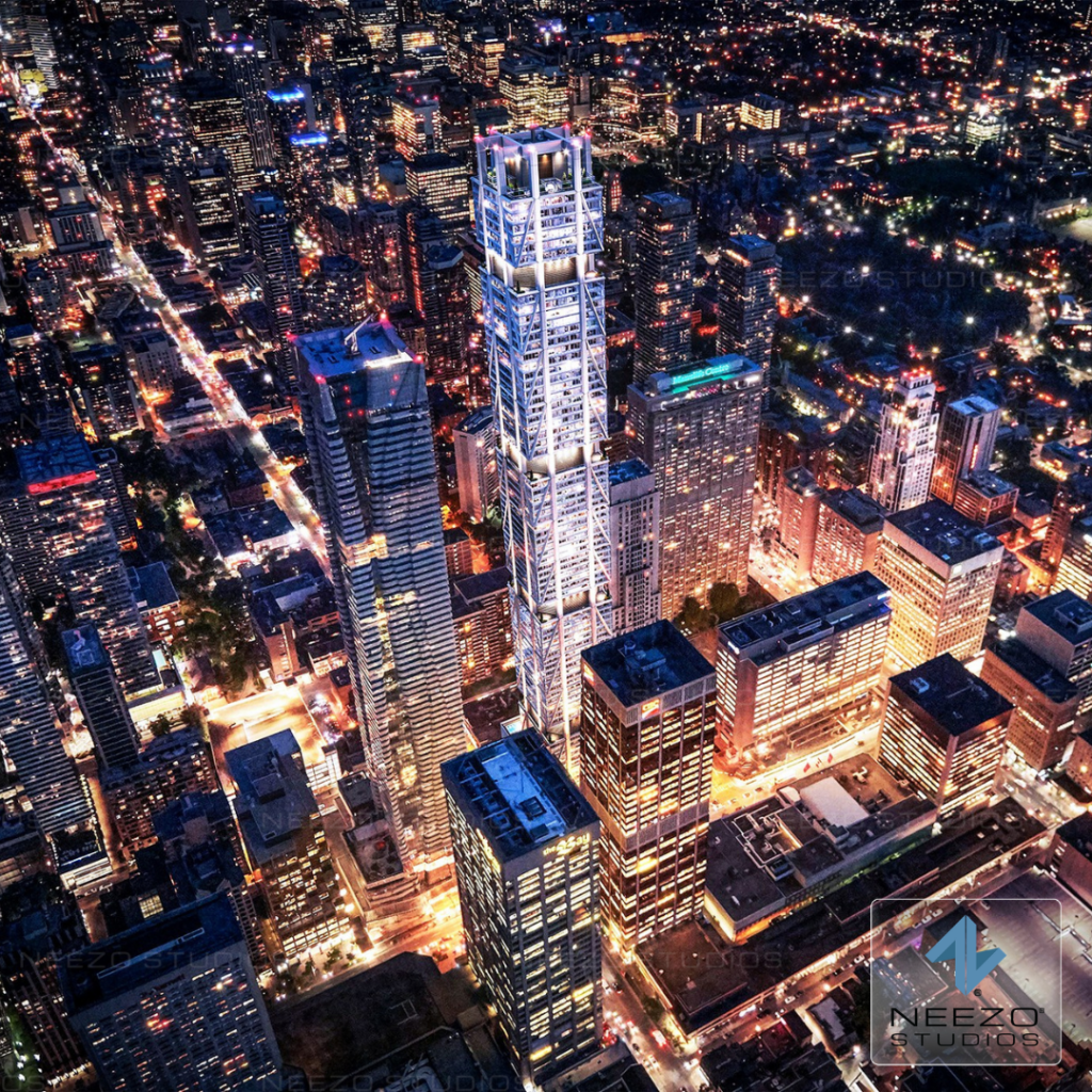 Dramatic photorealistic birds eye view rendering of skyscrapers created by NEEZO Studios