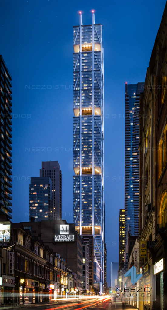 Dramatic photorealistic birds eye view rendering of one bloor west toronto created by NEEZO Studios