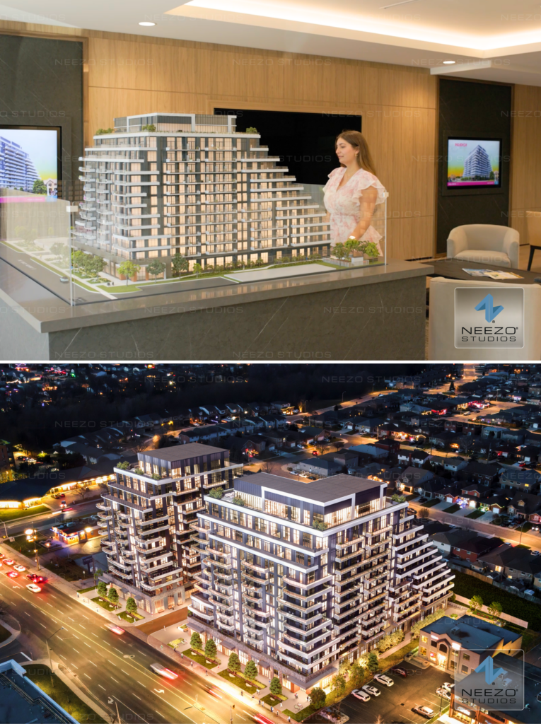 Integrated architectural scale model and LiveSite® Community sales software by NEEZO Studios for Paradigm Stoney Creek presentation center