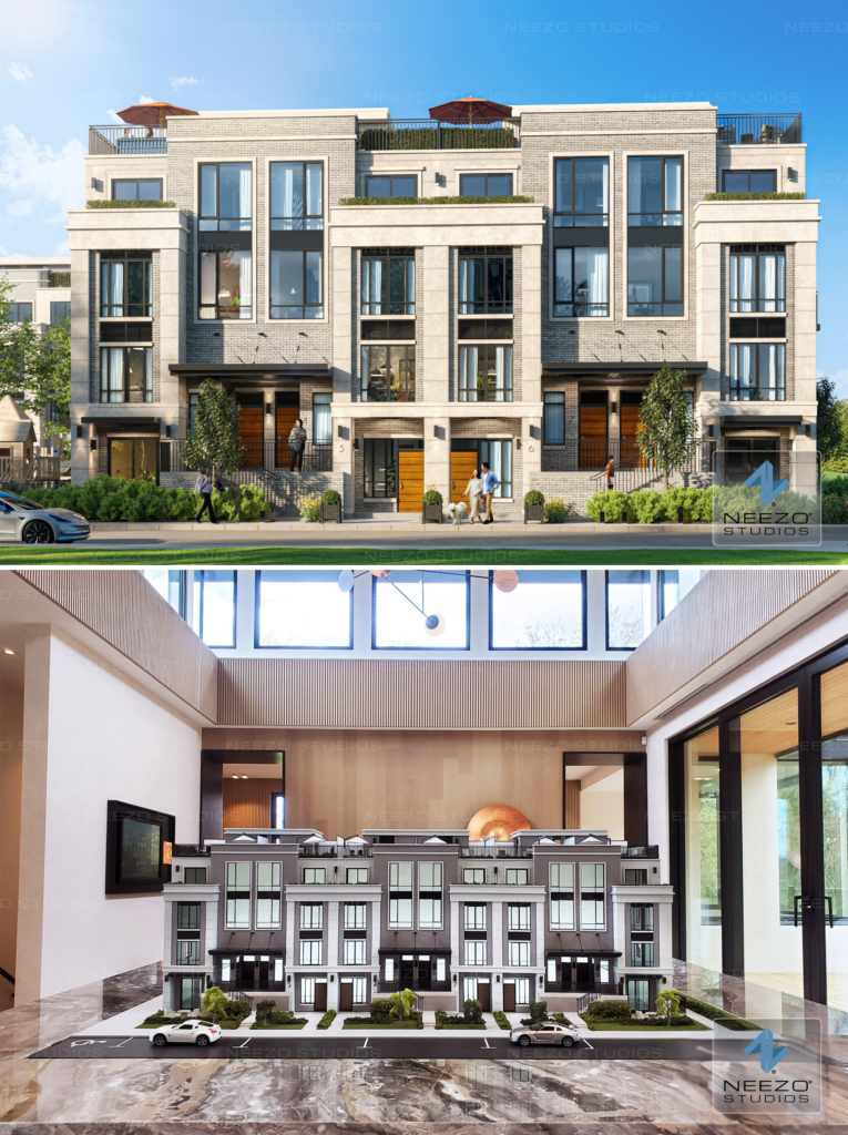 Luxury townhome rendering and architectural scale model created by NEEZO Studios for The Hill on Bayview