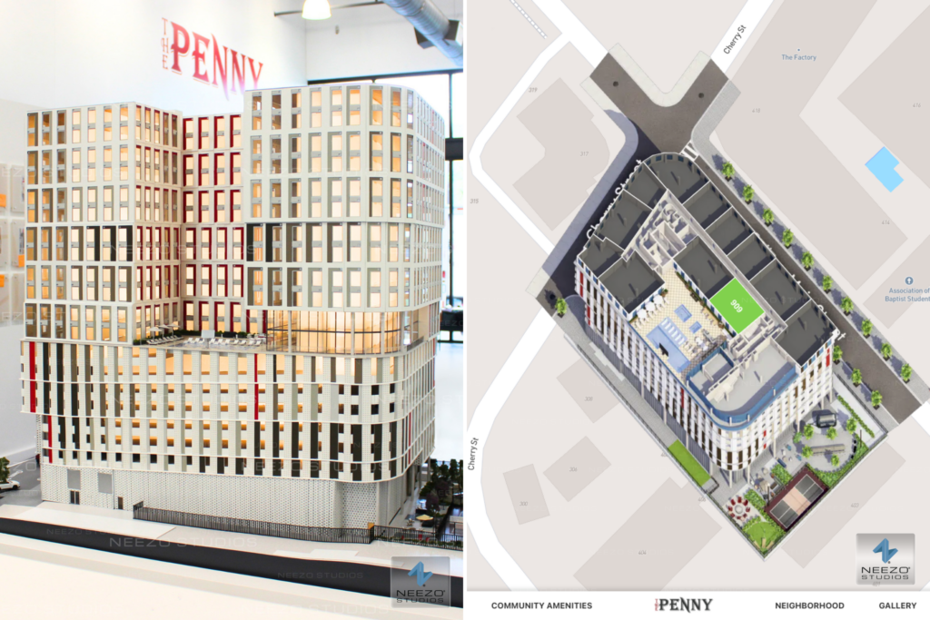 Architectural scale model and interactive platform for student housing leasing center in Texas by creative studio NEEZO Studios