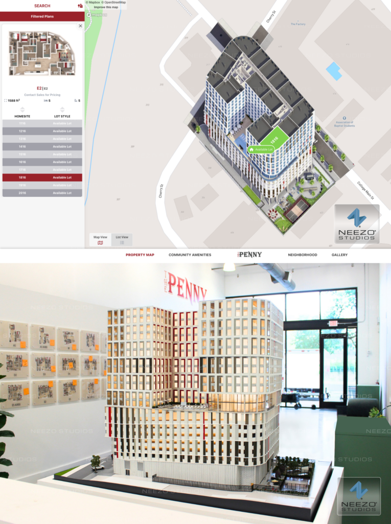 3D student housing leasing software and architectural scale model by one-stop creative tech studio for real estate launches, NEEZO Studios