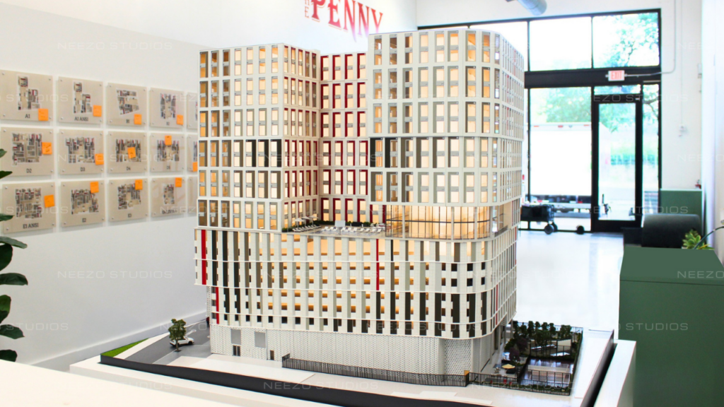 Architectural scale model for student housing development beside texas a&m university created by model maker NEEZO Studios