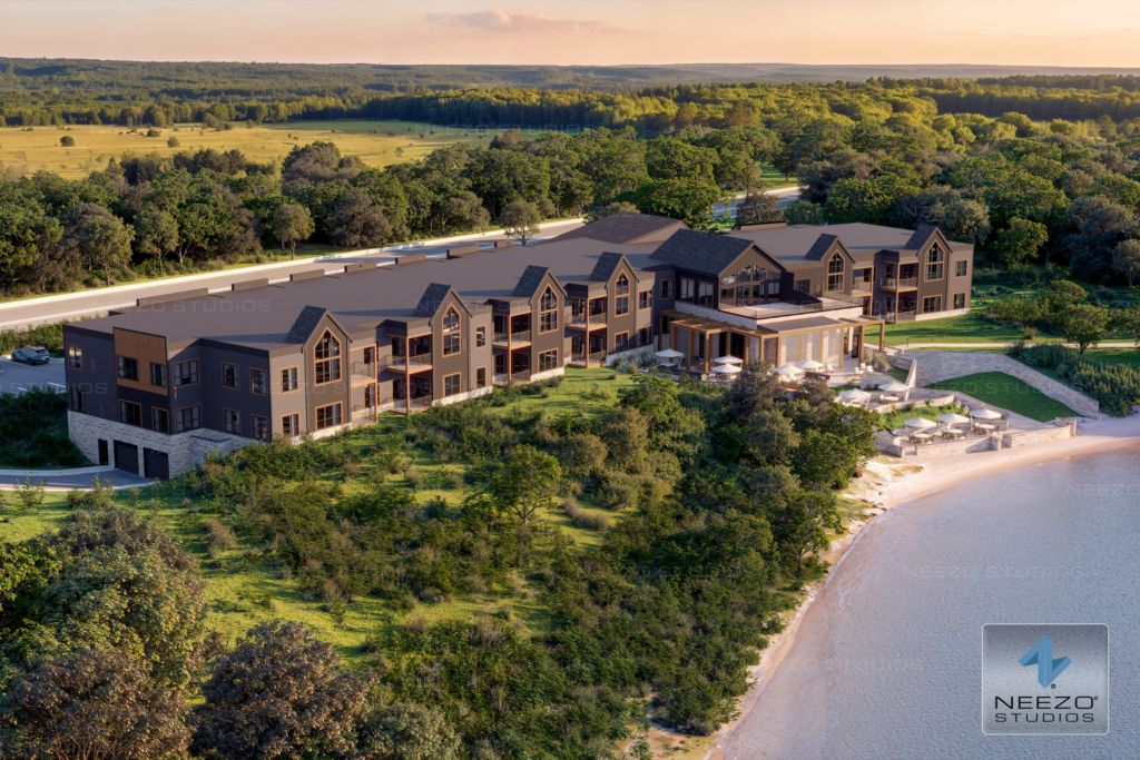 Architectural birds eye view rendering by NEEZO Studios of master planned community in minnesota
