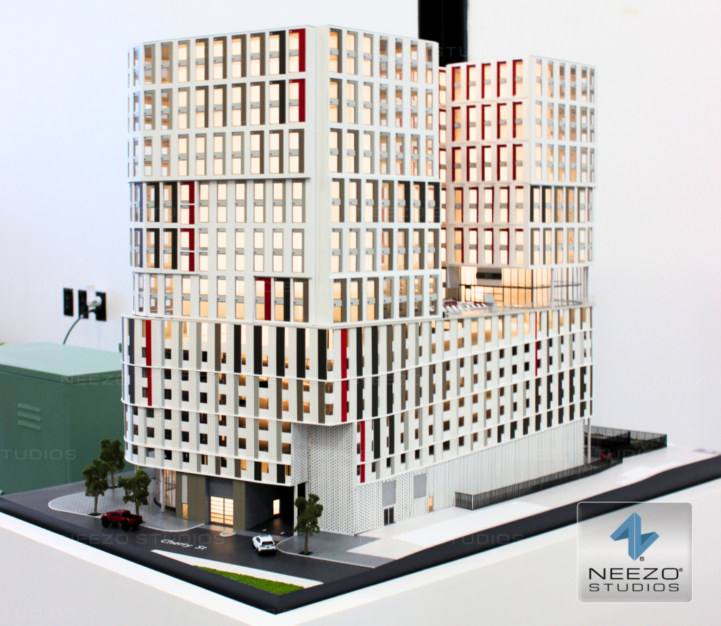 Architectural scale model for student housing development beside texas a&m university created by model maker NEEZO Studios