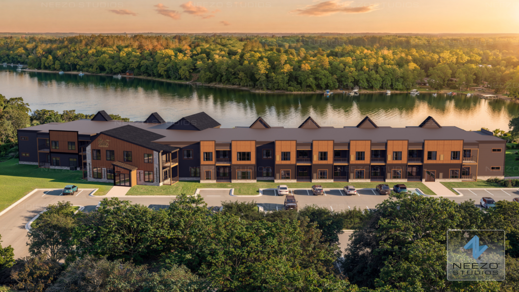 Waterfront residential architectural rendering by NEEZO Studios at The Villas at Sand Lake in Minnesota