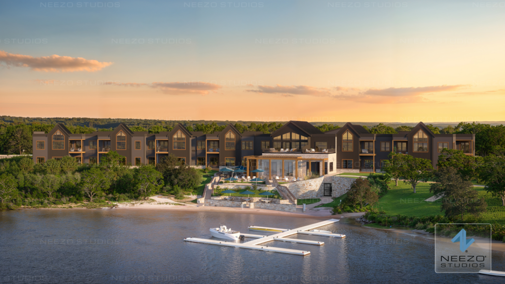 Architectural rendering by NEEZO Studios showcasing the waterfront lifestyle at The Villas at Sand Lake