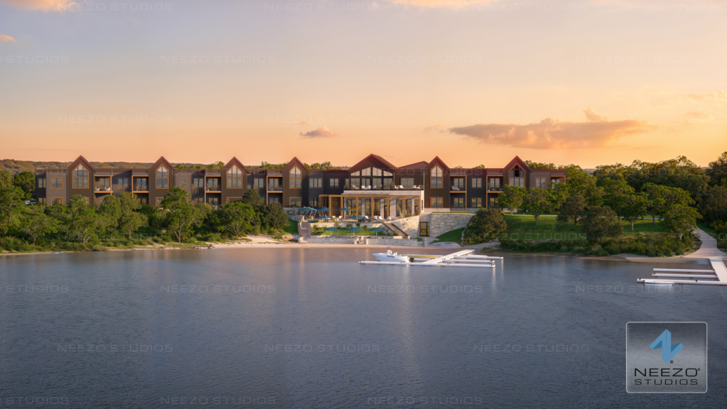 Waterfront residential architectural rendering by NEEZO Studios at The Villas at Sand Lake in Minnesota
