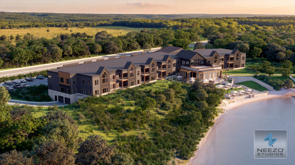 The Villas at Sand Lake waterfront community architectural rendering by NEEZO Studios in Minnesota