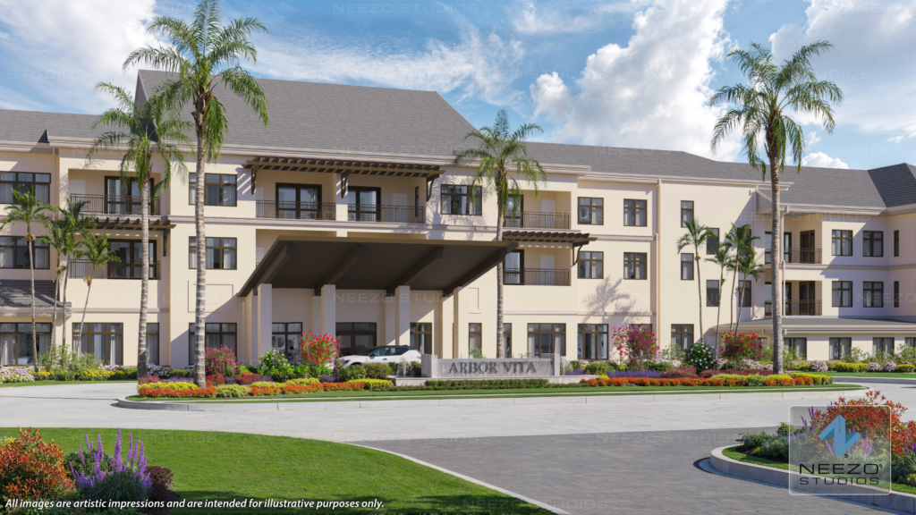 architectural rendering by NEEZO Studios of Florida senior living new development community arbor vita