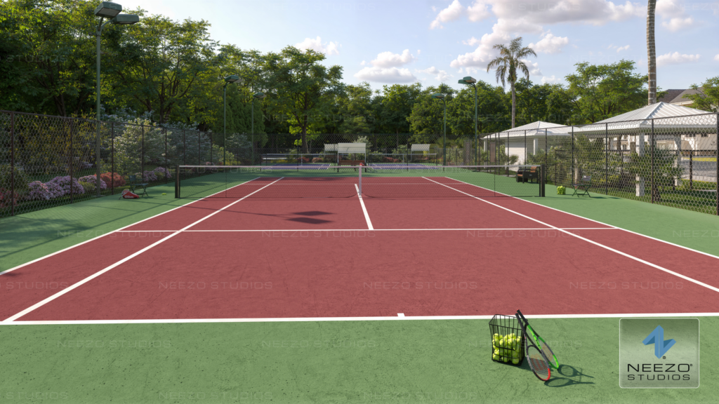 architectural amenity rendering by NEEZO Studios of development amenity tennis area
