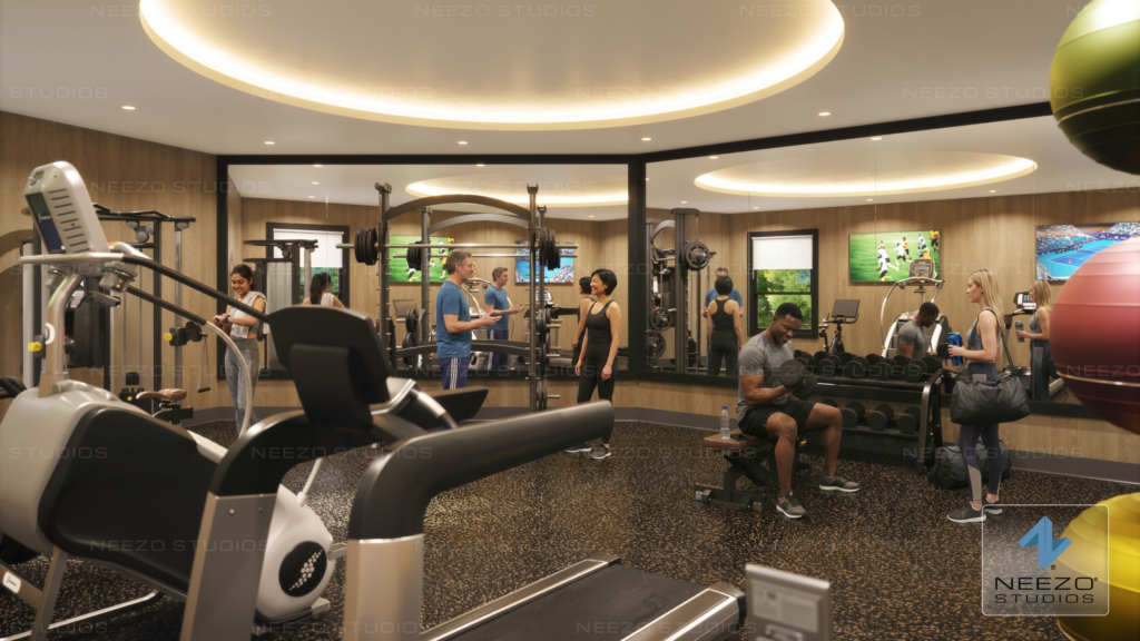 Architectural interior fitness ceter rendering by NEEZO Studios of new condo