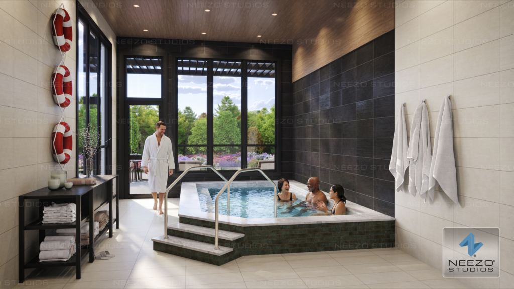 Architectural interior pool ceter rendering by NEEZO Studios of new condo