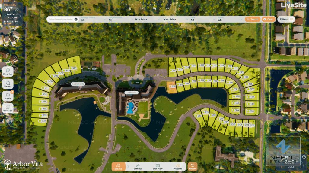 Arbor Vita interactive 3D community map in LiveSite® Community showing detached homes and condominium residences